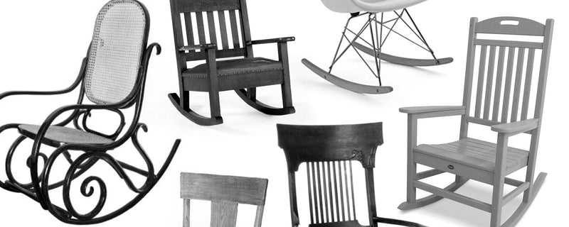 Various rocking chair styles are displayed on a white background. 